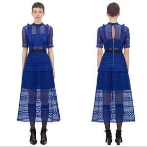 SELF-PORTRAIT Short Sleeve Geometric Lace Midi Dress. New w/ Tags. Cobalt Blue.